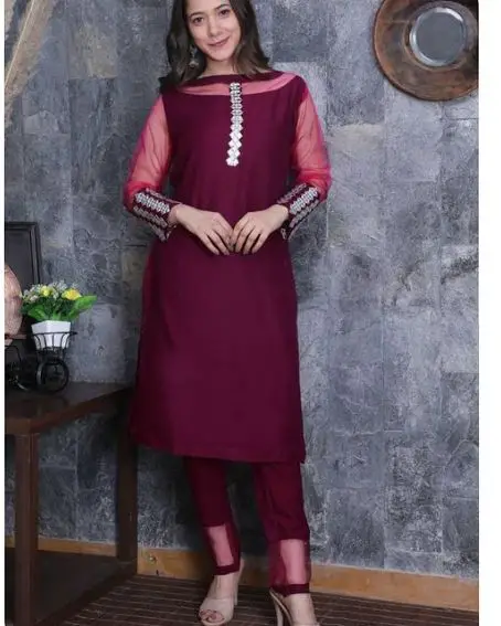 Red kurti with transparent net Boat neck design