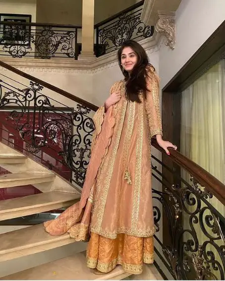 Rose Gold Pakistani Long Kurti with Orange Lehenga