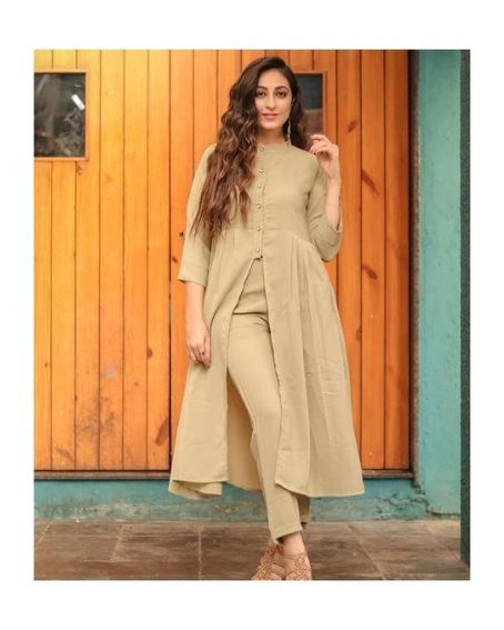 Round Collar Neck Design Long Kurti with Front Slit and Cigarette Pant