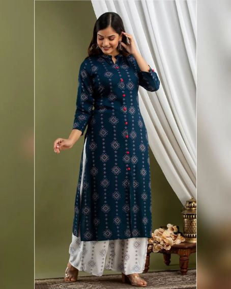 Round Collar Neck Design Long Kurti with Palazzo