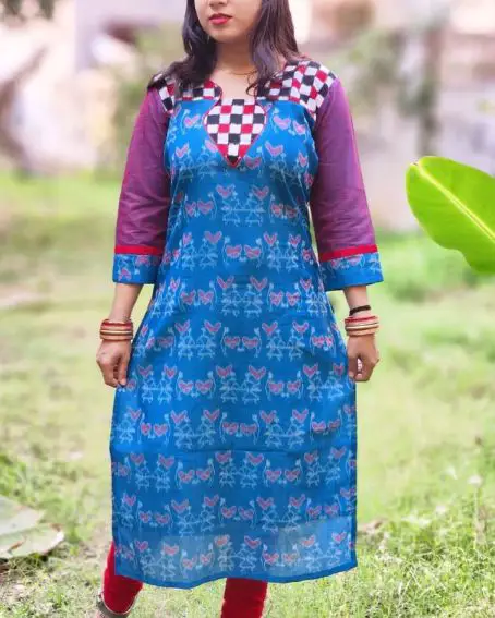 Sambalpuri Kurti with Pot Shape Neck Design with Piping