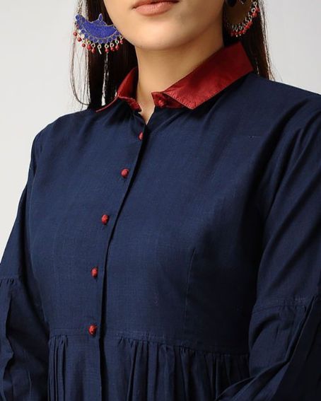 Shirt Collar Neck Design Kurti with Potli Buttons