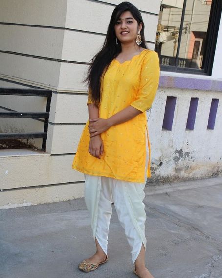 Simple Yellow Short Kurt with White Dhoti Pant