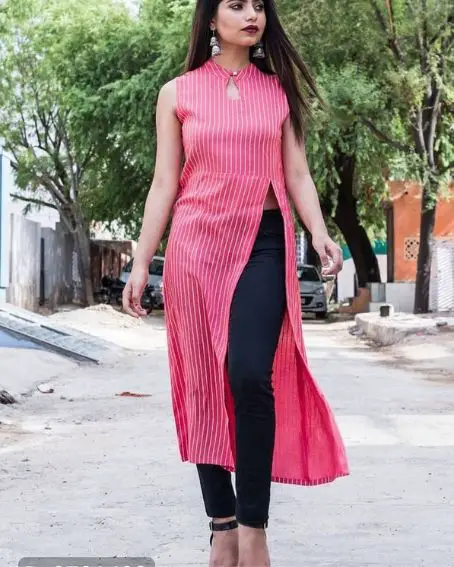 Simple and Straight Striped Kurti with Side Cut