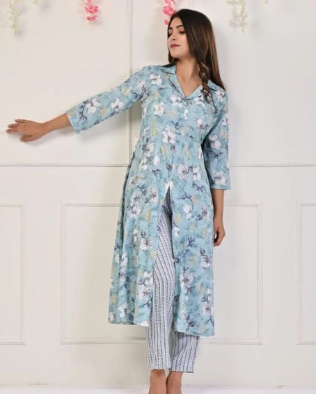 Sky Blue Front Open Collar Neck Kurti