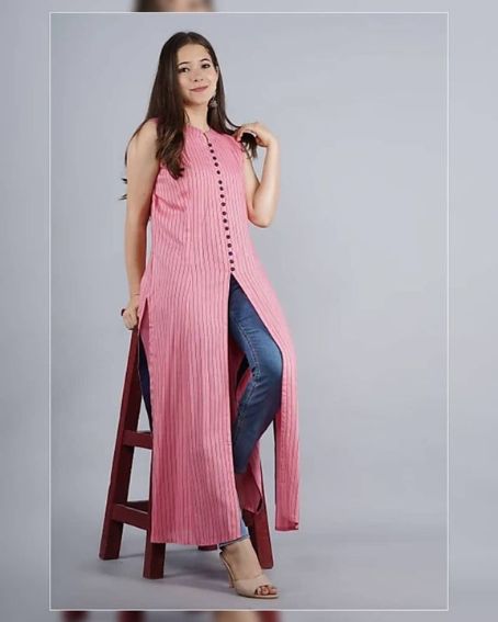 Sleeveless Long Kurti with Front Slit and Jeans