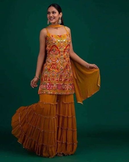 Sleeveless Mustard Color Embroidered Sharara Suit Set