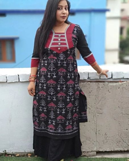 Stunning Black Sambalpuri Kurti with Piping Neck Design