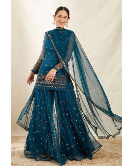 Stunning Blue Short Kurti with Sharara Suit Set