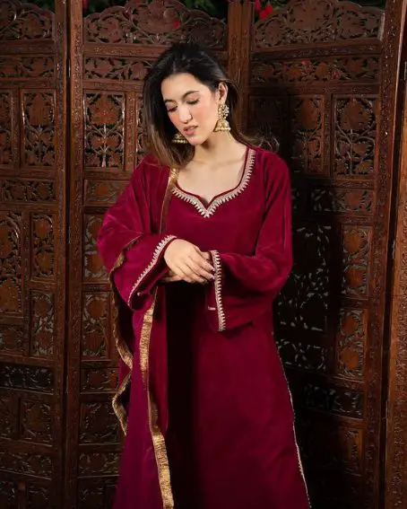 Stunning red velvet kurti neck design with border