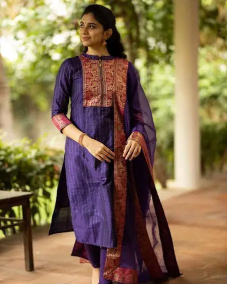 Stylish Golden Zip Neck with Banarasi Lace Work