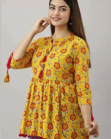 Tassel Work Yellow Frill Type Short Kurti