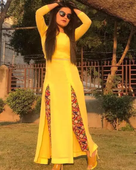 Thick Yellow Kurti with Dual Side Cut Design