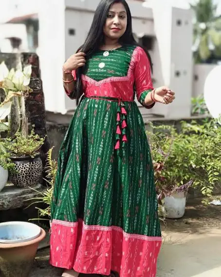 Traditional Long Sambalpuri Dress with Patchwork Neck Design