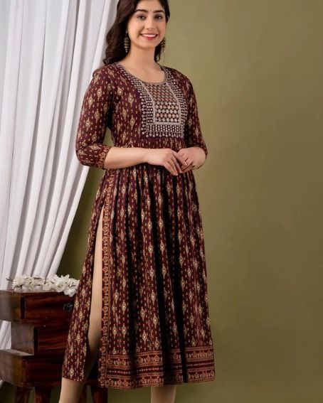 Traditional Printed Pattern Reyon Naira Cut Kurti