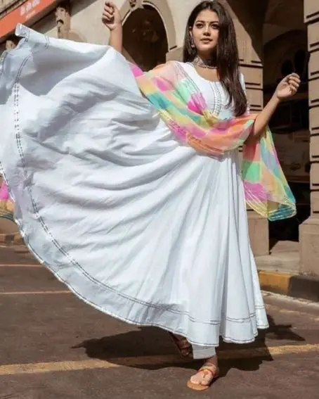 Trendy Umbrella Design White Kurti with Dupatta