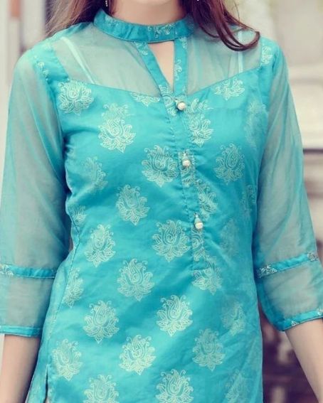 Turquoise Kurti with Netted Fabric Front Neck Design