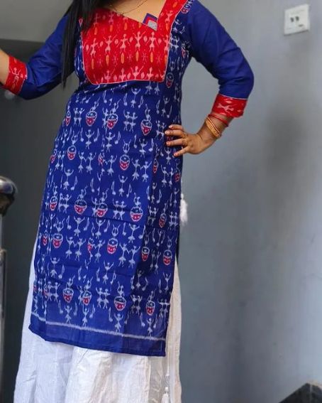 Unique Neck Design with Piping of a Sambalpuri Kurti