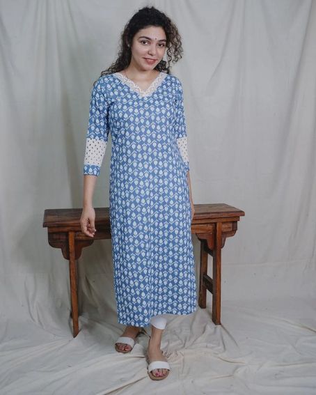 V-Neck Crochet Lace Work Cotton Kurti