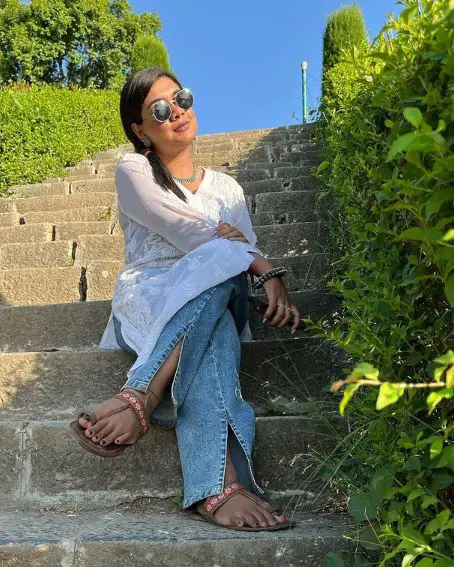 White Chikankari with Slit Jeans