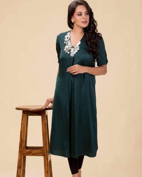 White Embroidery Neck Elegant Green Kurti