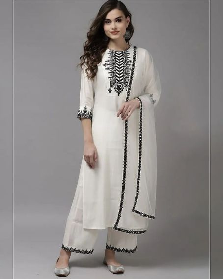 White Long Kurti with Embroidery Design with Palazzo Set