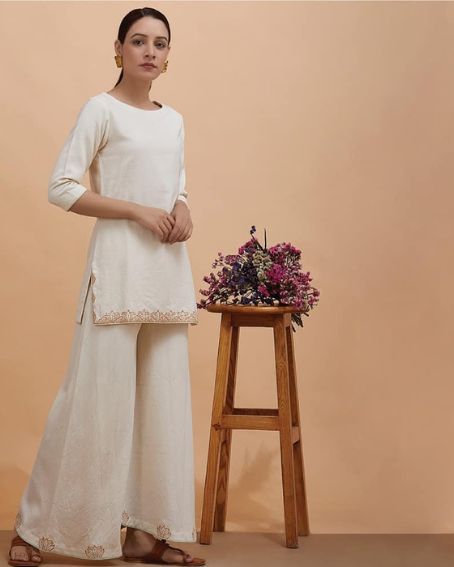 White Short Kurti Paired with Palzoo Pant