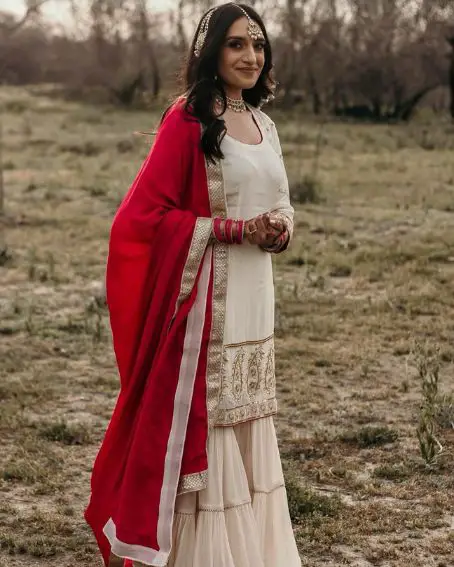 White and Red Mix Sharara Suit with Short Kurti