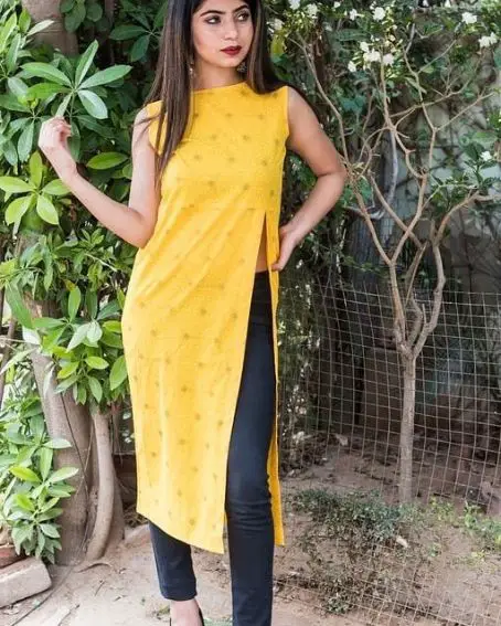 Yellow Boat Neck Kurti with Long Side Cut Design