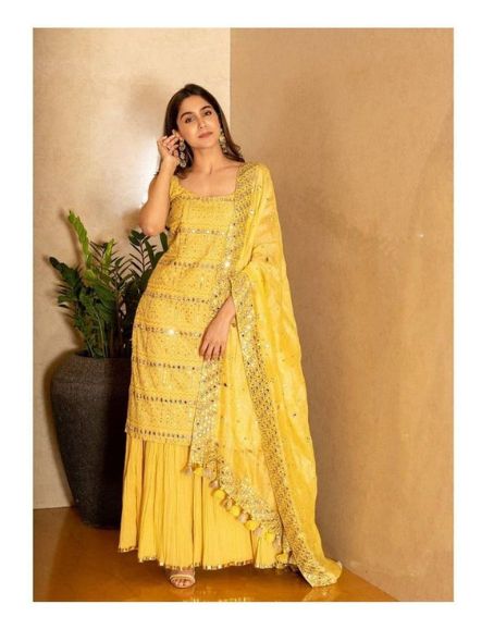 Yellow Gharara Set Heavily Embroidered Kurti for Haldi