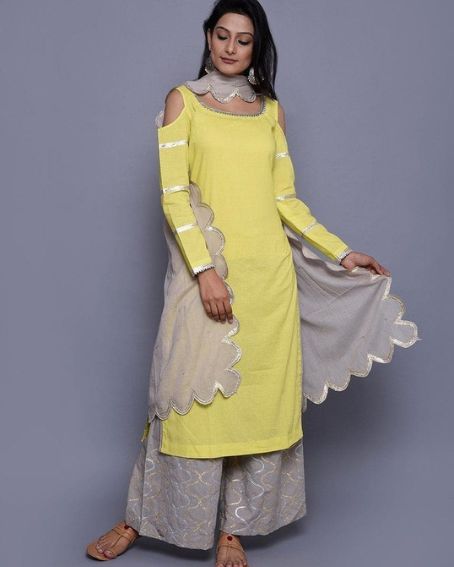Yellow Kurti with Boat Neck Design Along with Cold Shoulder Sleeves