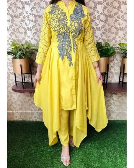 Yellow Kurti with Round Collar Neck Design with a Slit Open