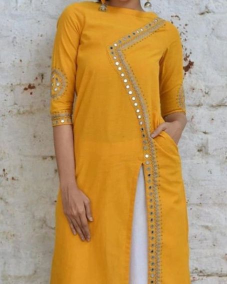 Yellow Kurti with Side Cut Design Embellished with Mirror Work