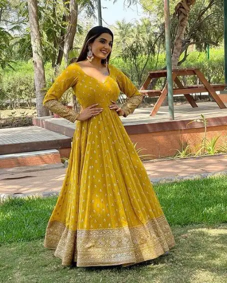 Yellow Long Gown with Embroid Kurti for Haldi