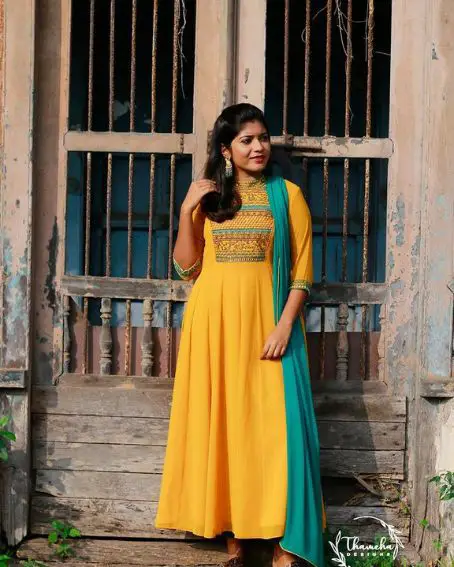 Yellow Long Kurti with Green Dupatta Set for Haldi