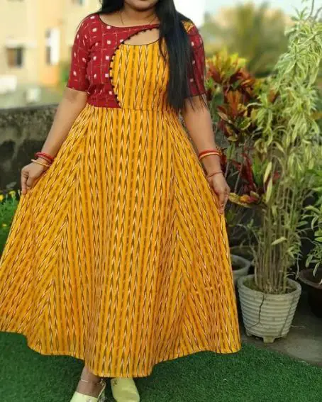 Yellow Sambalpuri Kurti C Cut Neck Design with Potli Buttons