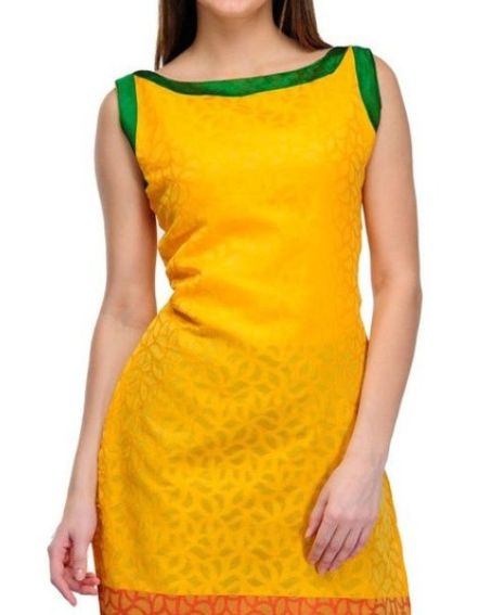 Yellow Short Sleeveless Kurti with Bordered Boat Neck Design