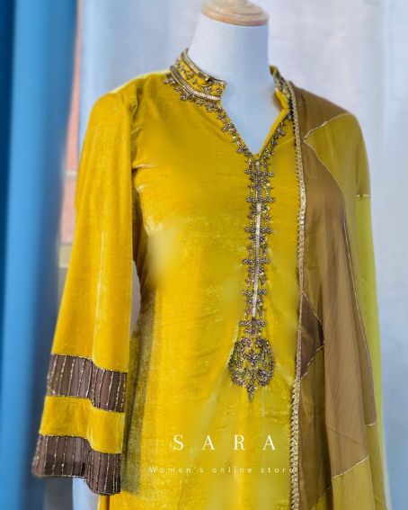 Yellow Velvet Kurti with Collar Neck Design