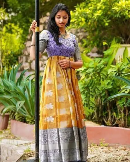 Yellow and Violet Silk Kurti