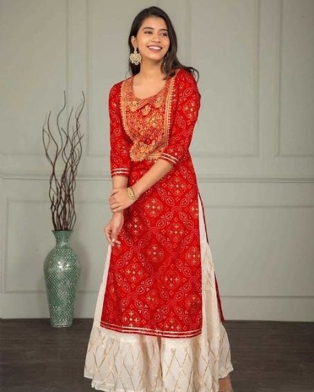 Yoke Embroidery Red Side Cut Kurti with Plazo