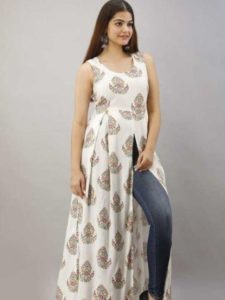 Sleeveless Long Kurti Style with Jeans