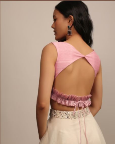 Baby Pink Sleeveless Blouse in Silk With Boat Neckline with Back Open