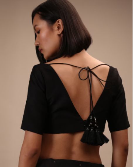 Black Half Sleeves Blouse In Curved V-Neckline Tie-Up Tassel Dori With Back Hook Closure