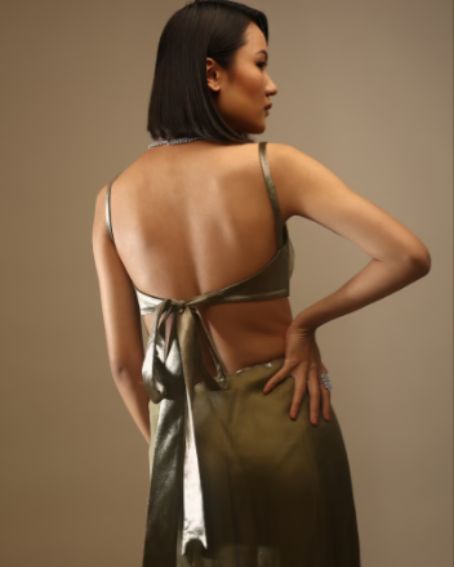Butternut Olive Satin Spaghetti Strap Back Open Blouse With A Curved Neckline Tie Down At The Back