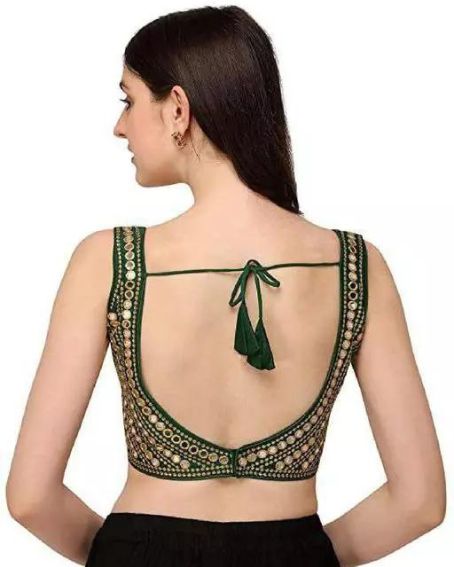 Dark Green Blouse In Raw Silk With Mirror Work And Open Back With Tassel Dori Tie Ups