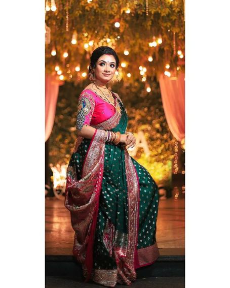 Dark Pink Color Peacock Blue Kanjivaram Blouse with Green saree