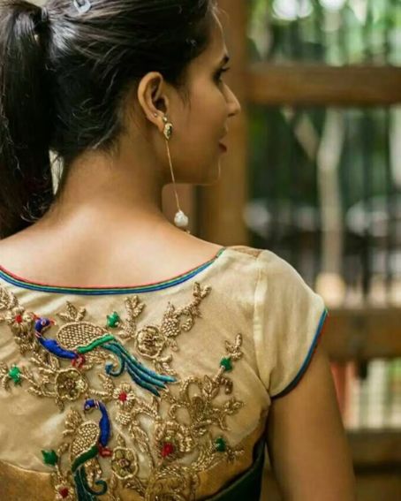 Dull Gold peacock Maggam work blouse with short sleeves
