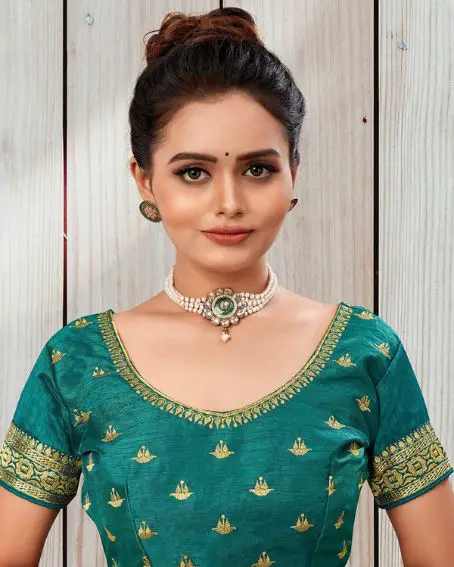 Embroidered Dupion Silk Blouse in Teal Green
