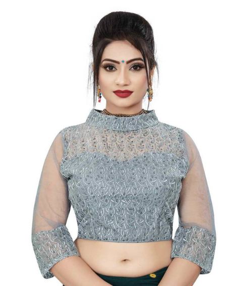 Embroidered Gray Color Full Sleeve Collar Neck Blouse Design