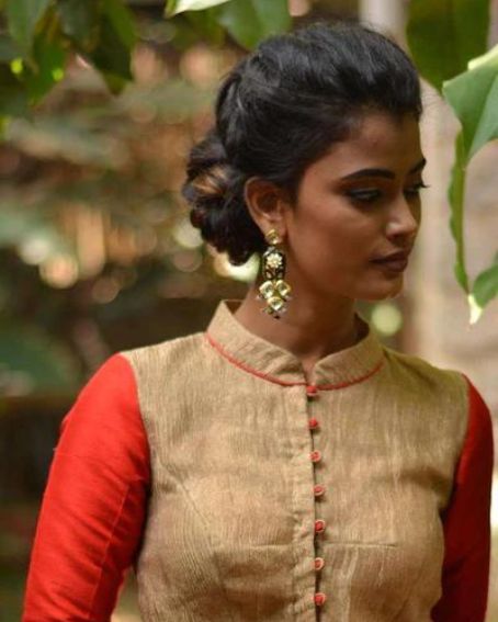 Gold Crushed-Tissue Chinese-Collar Blouse with Raw Silk Sleeves